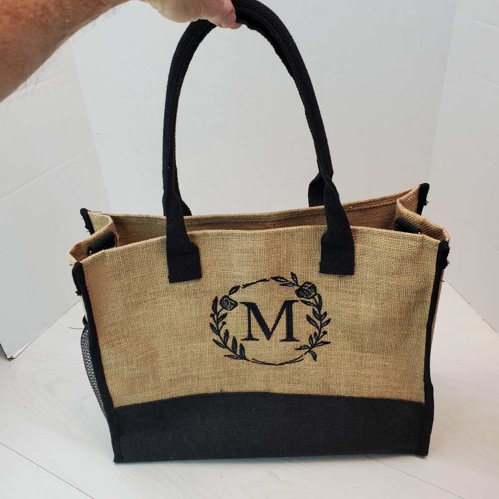 Monogrammed Jute Tote Bag Initial M Black Trim Zippered Top Mesh Pockets‎